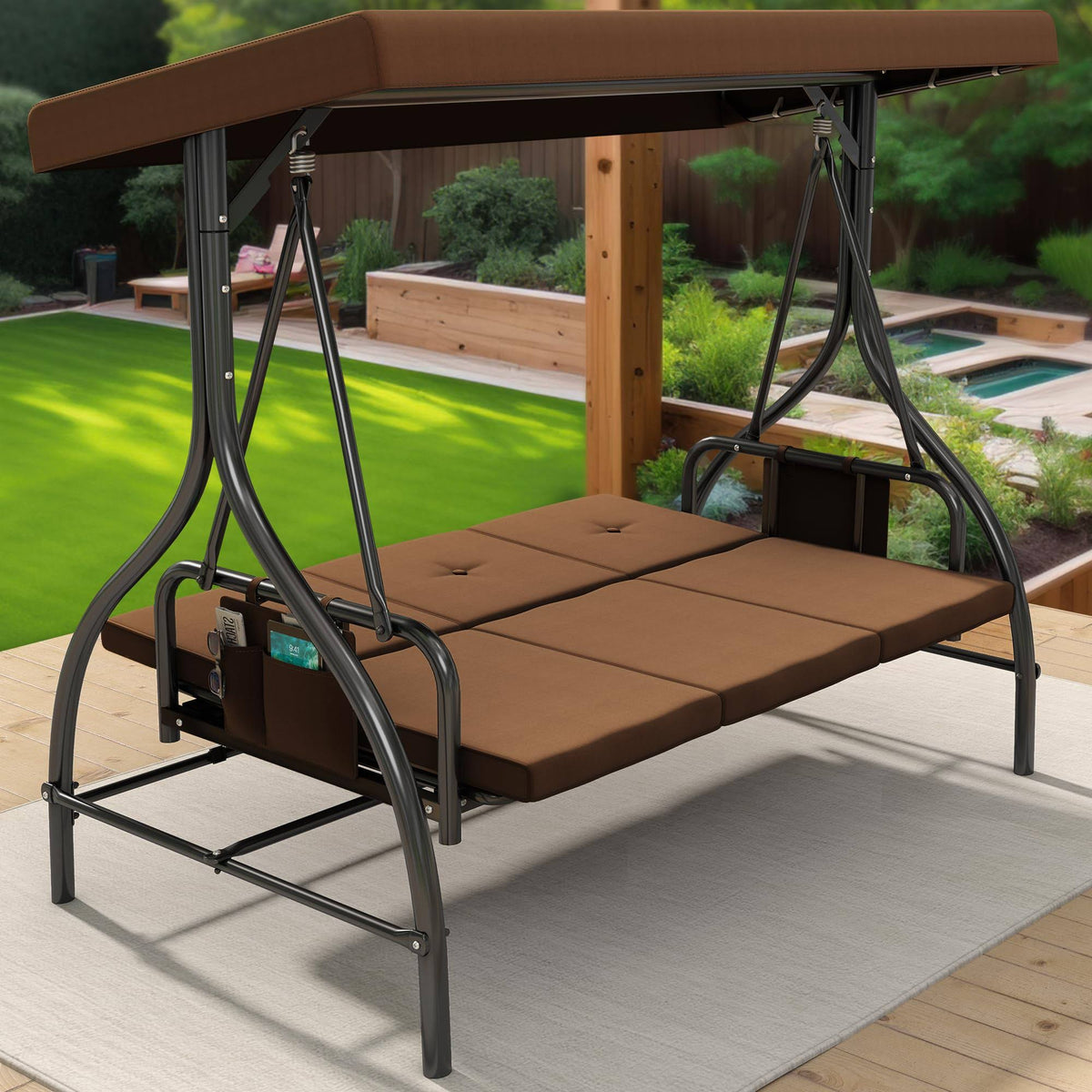 YITAHOME Porch Swing Bed 3-Seats Outdoor Patio Swing Heavy Duty Swing Chair with Adjustable Canopy Removable Cushion, Suitable for Adult in Garden