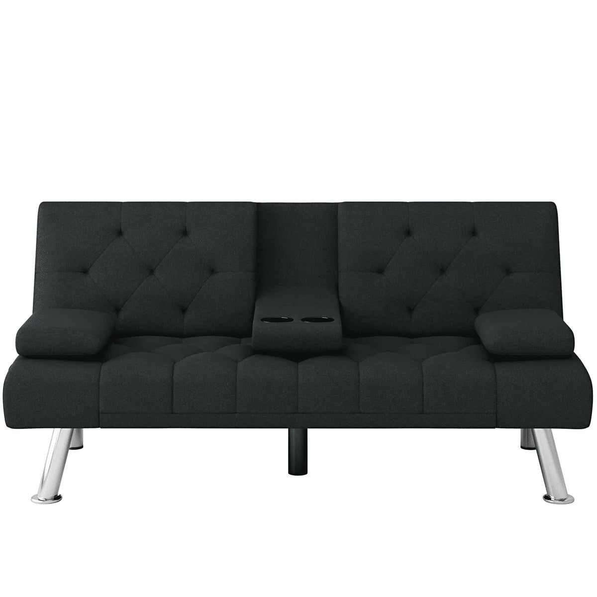 Homfa 66.3'' Upholstered Sofa Bed Couch, Convertible Futon Folding Sleeper Sofa with Removable Armrests and 2 Cupholders for Living Room, Black