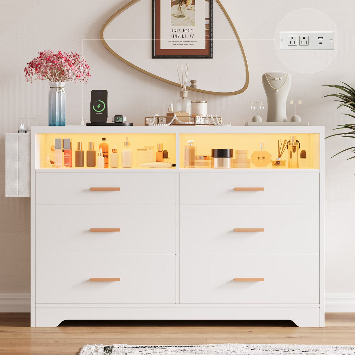 White Dresser for Bedroom, 6 Drawers Dresserwith LED Lights and Charging Station, 47" Wide Bedroom Dresser Chest of Drawers Storage Organizer TV