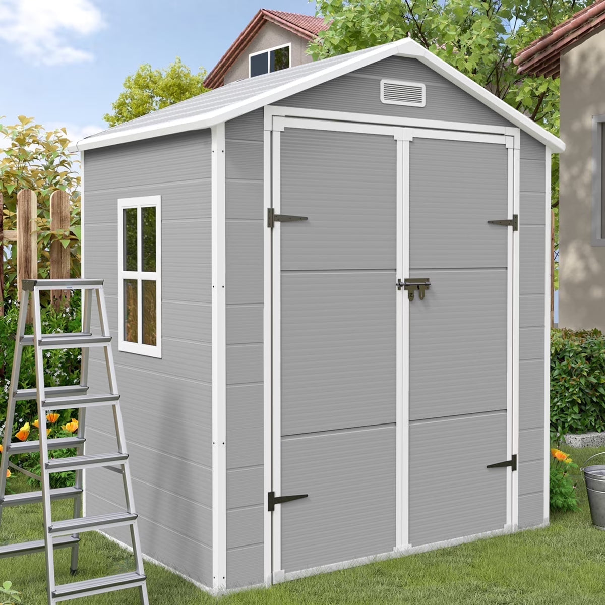 ELPOSUN Outdoor Storage Shed 6x4.5 Ft, Resin Outside Sheds & Outdoor Storage Plastic for Trash Can, Bike, Lawnmower, Generator, Tool Shed with