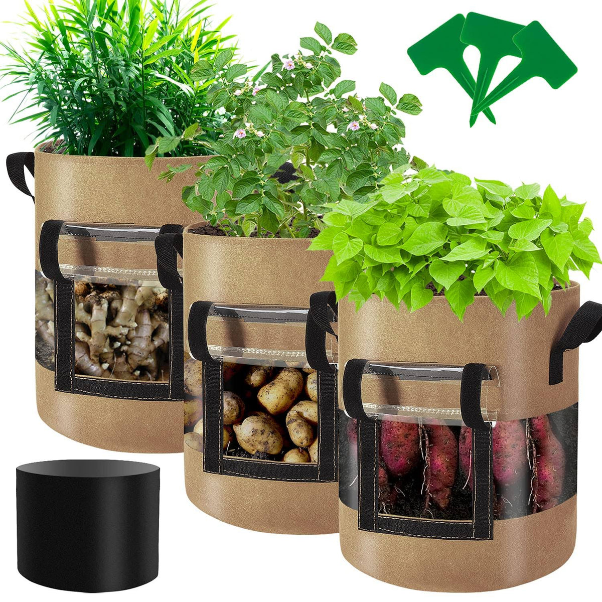 Florelf Visible Strawberry Sweet Potato Grow Bags 7 Gallon with Flap Window 3-Pack, Heavy Duty Thickened Aeration Nonwoven Fabric Pots with Handles