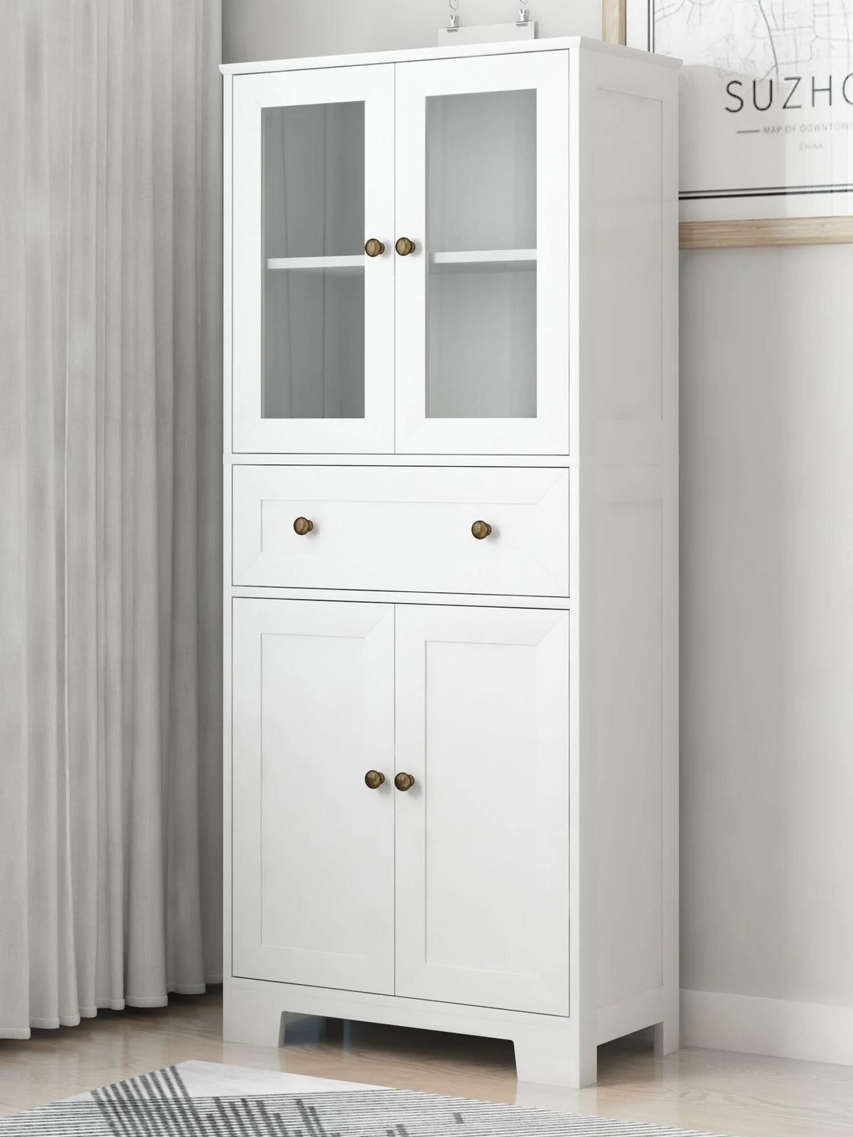 Ktaxon 64" Tall Bathroom Storage Cabinet Organizer, Freestanding Kitchen Pantry Cabinet Line Tower with 2 Glass Doors, Large Drawer & 4 Adjustable